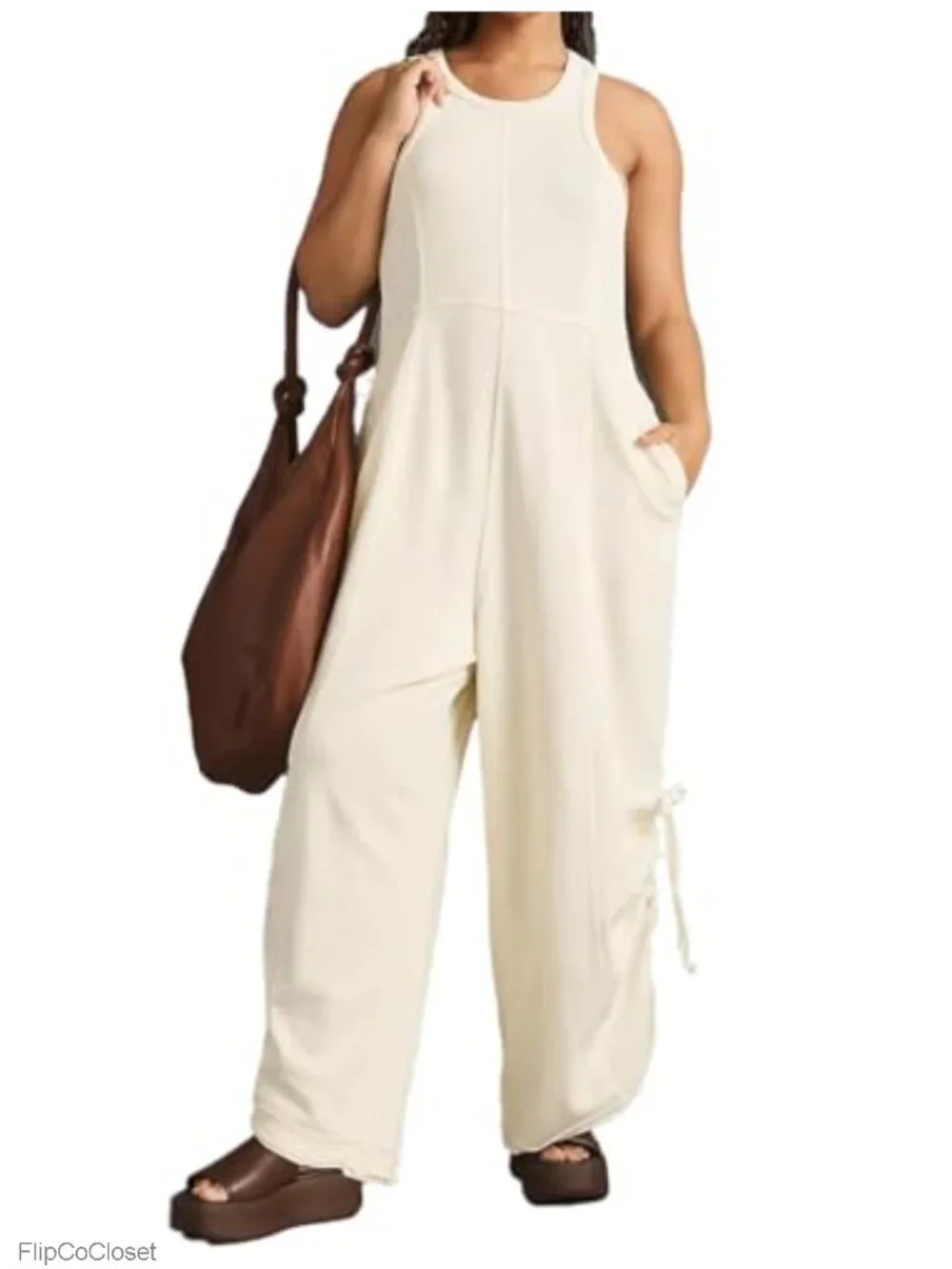 Women's Sleeveless Wide Leg Jumpsuit Loose Fit Cotton Romper with Pockets &